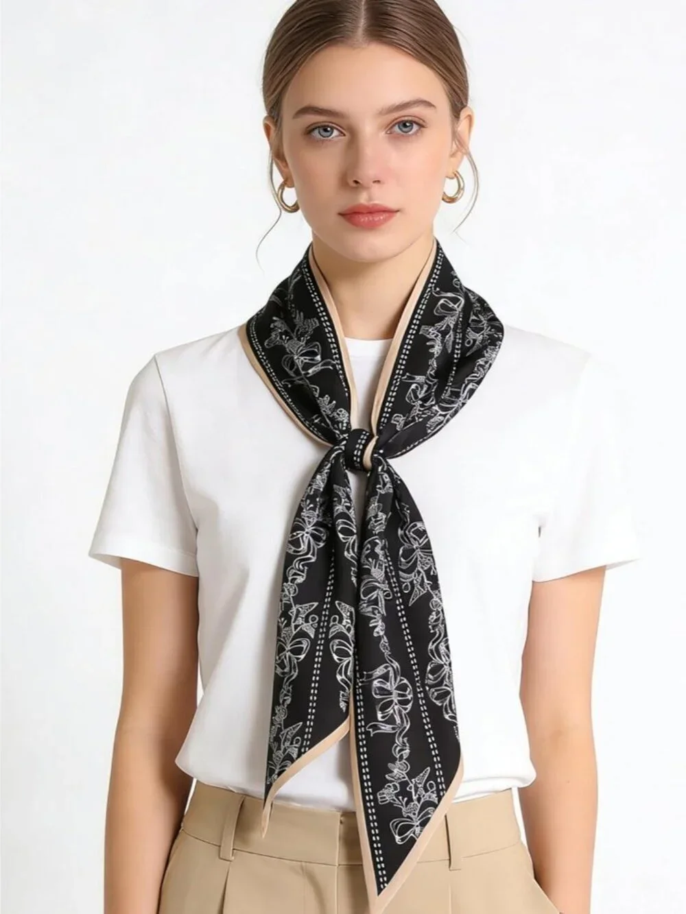 Women's Black White Line Khaki Edge Elegant Oblique Angle  Scarves Bag Scarfs